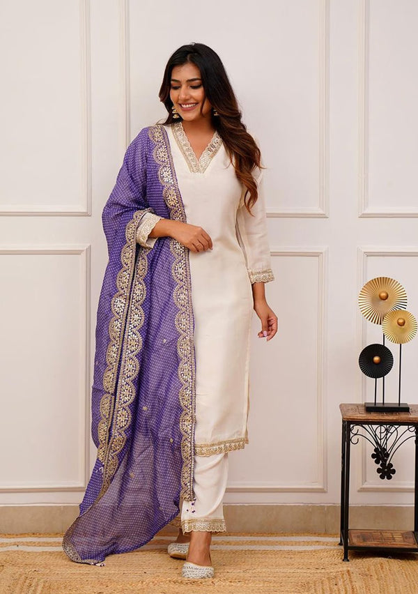 Cream Resham Embroidered Chanderi Kurta Set with purple dupatta set