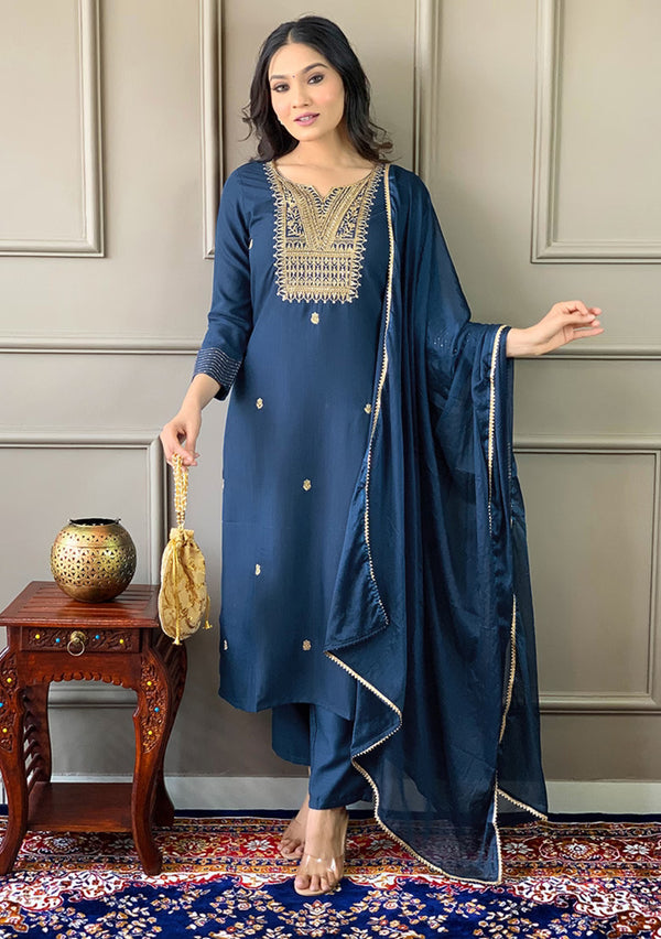 Blue Embroidered Rayon Slub Kurta Set