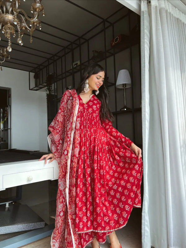 Floral Print Alia Cut Red Color Suit Set