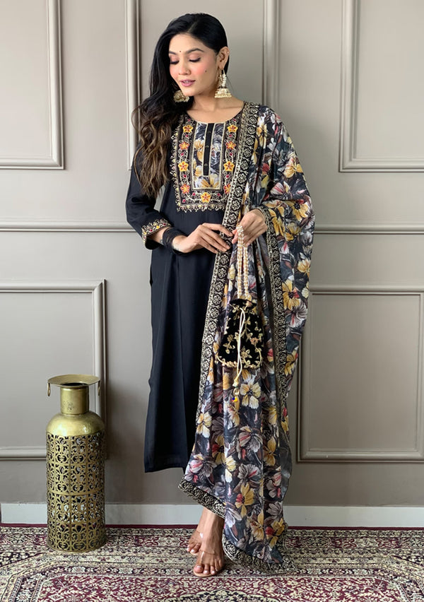 Black Embroidered Chanderi Silk Kurta Set