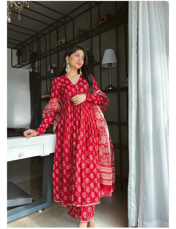 Floral Print Alia Cut Red Color Suit Set