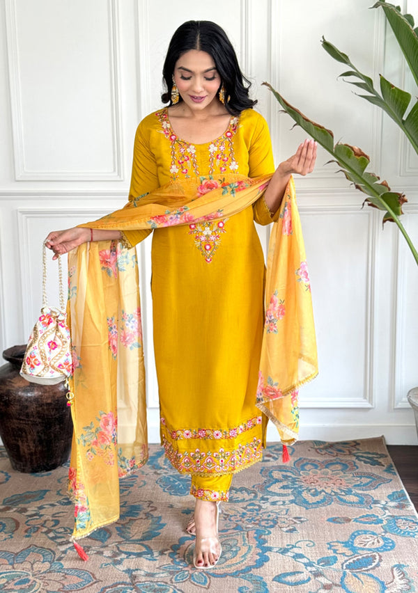 Mustard Embroidered Chanderi Silk Kurta Set