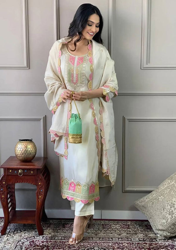 Cream Embroidered Chanderi Viscose Kurta Set