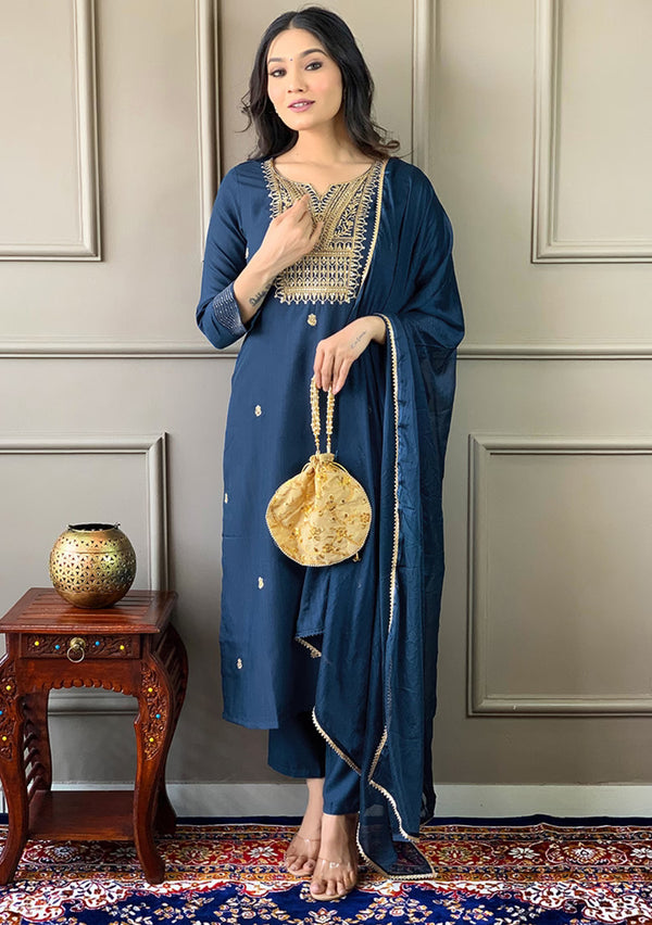 Blue Embroidered Rayon Slub Kurta Set