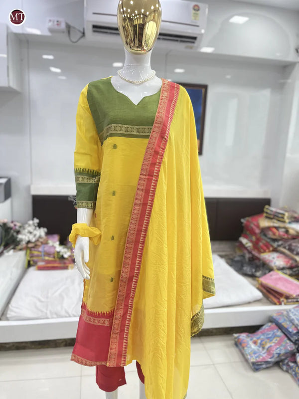 Elegant Kanchi Cotton Suit Set With Jacquard Dupatta